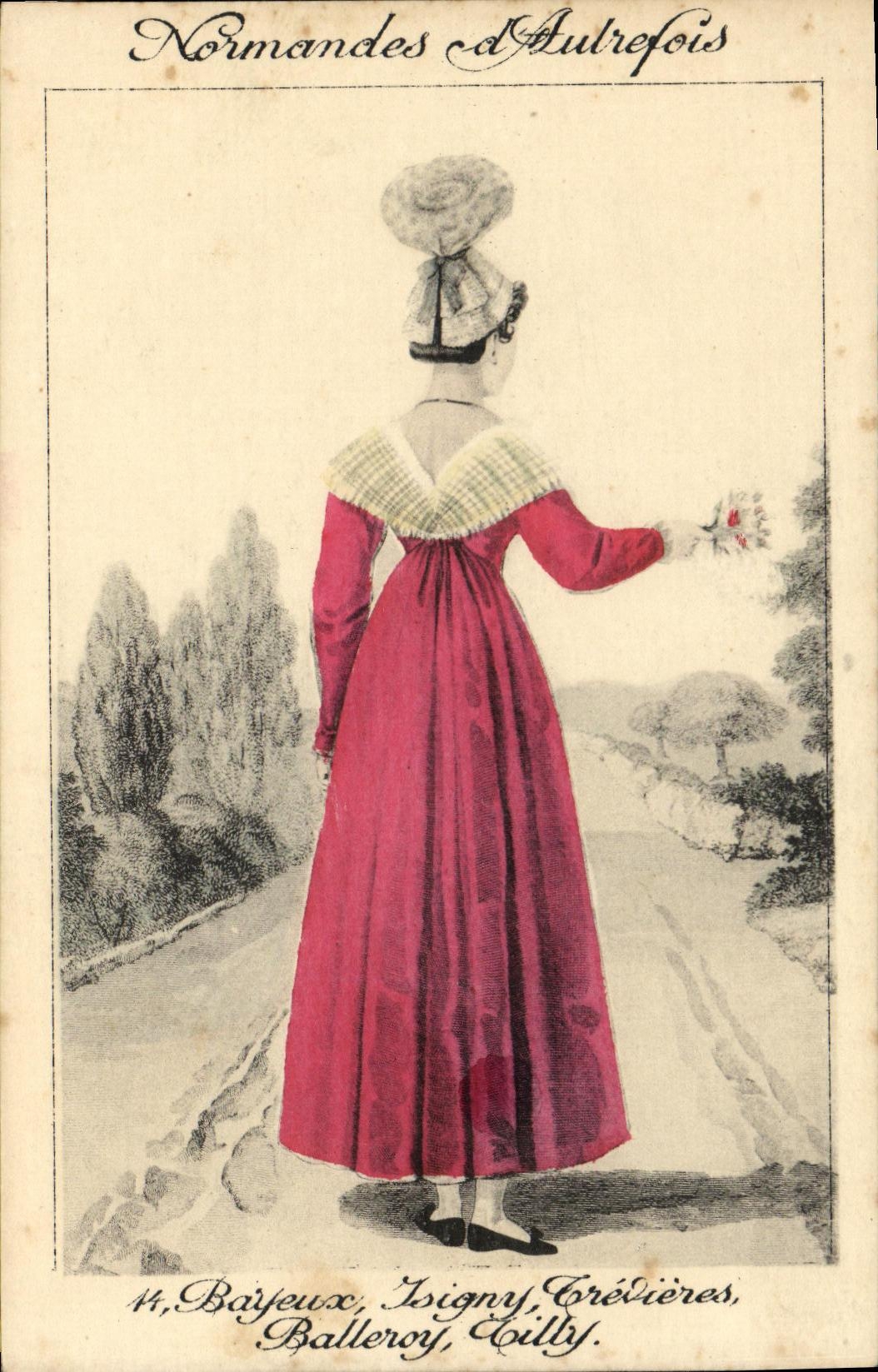 Casquillos del traje del folklore de Bayeux Isigny Trevieres Balleroy Tilly de la POSTAL de la VENDIMIA