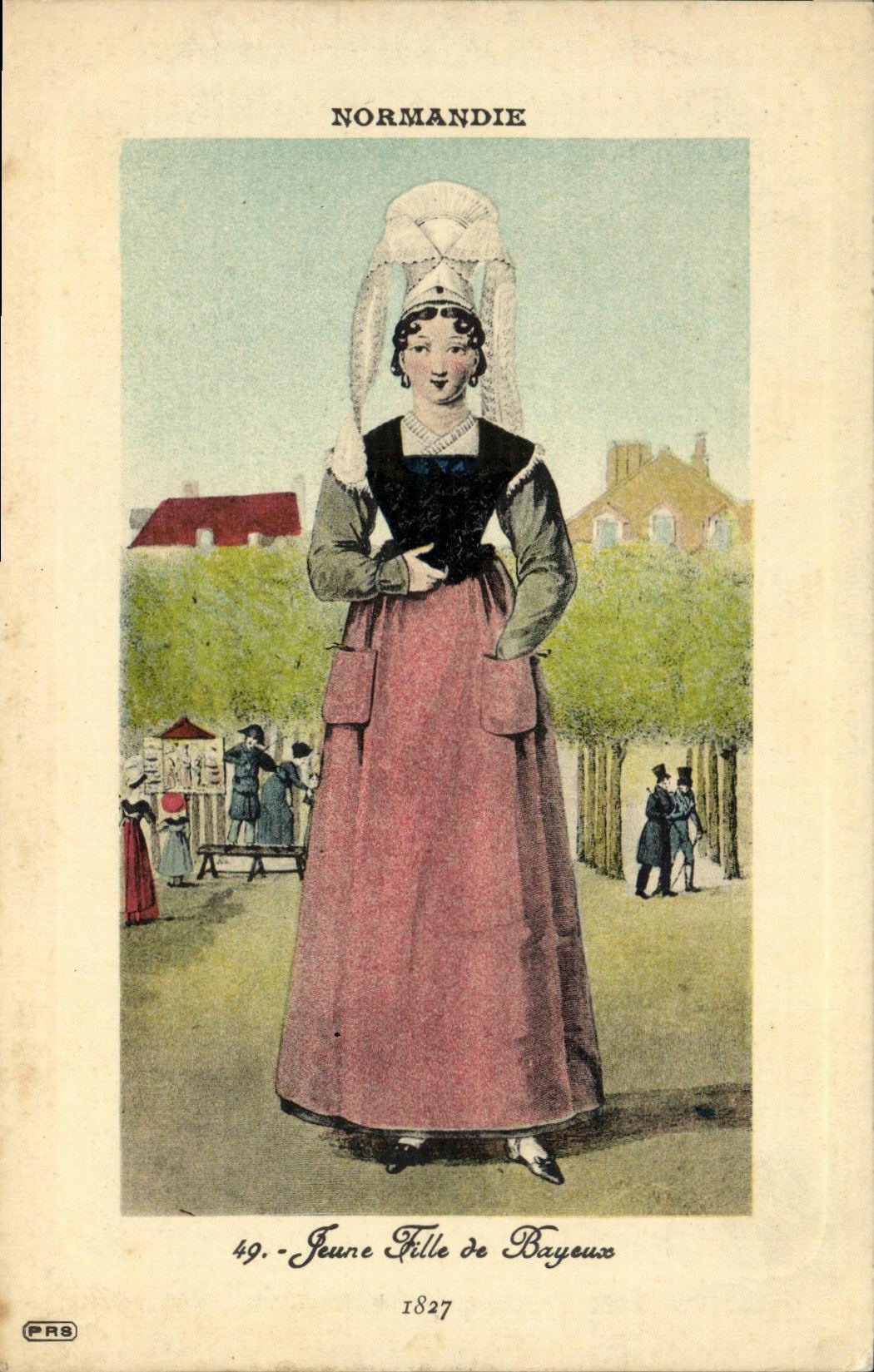 El traje del folklore de la chica joven de Bayeux de la POSTAL de la VENDIMIA capsula 1827