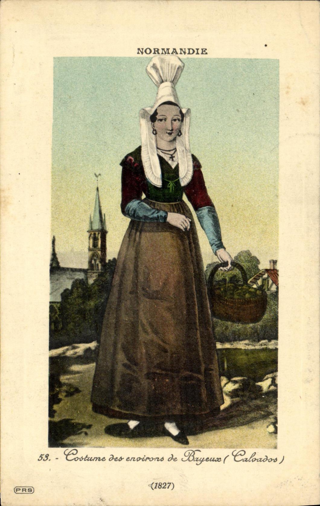 Casquillos 1827 del traje del folklore de la chica joven de Bayeux de la POSTAL de la VENDIMIA