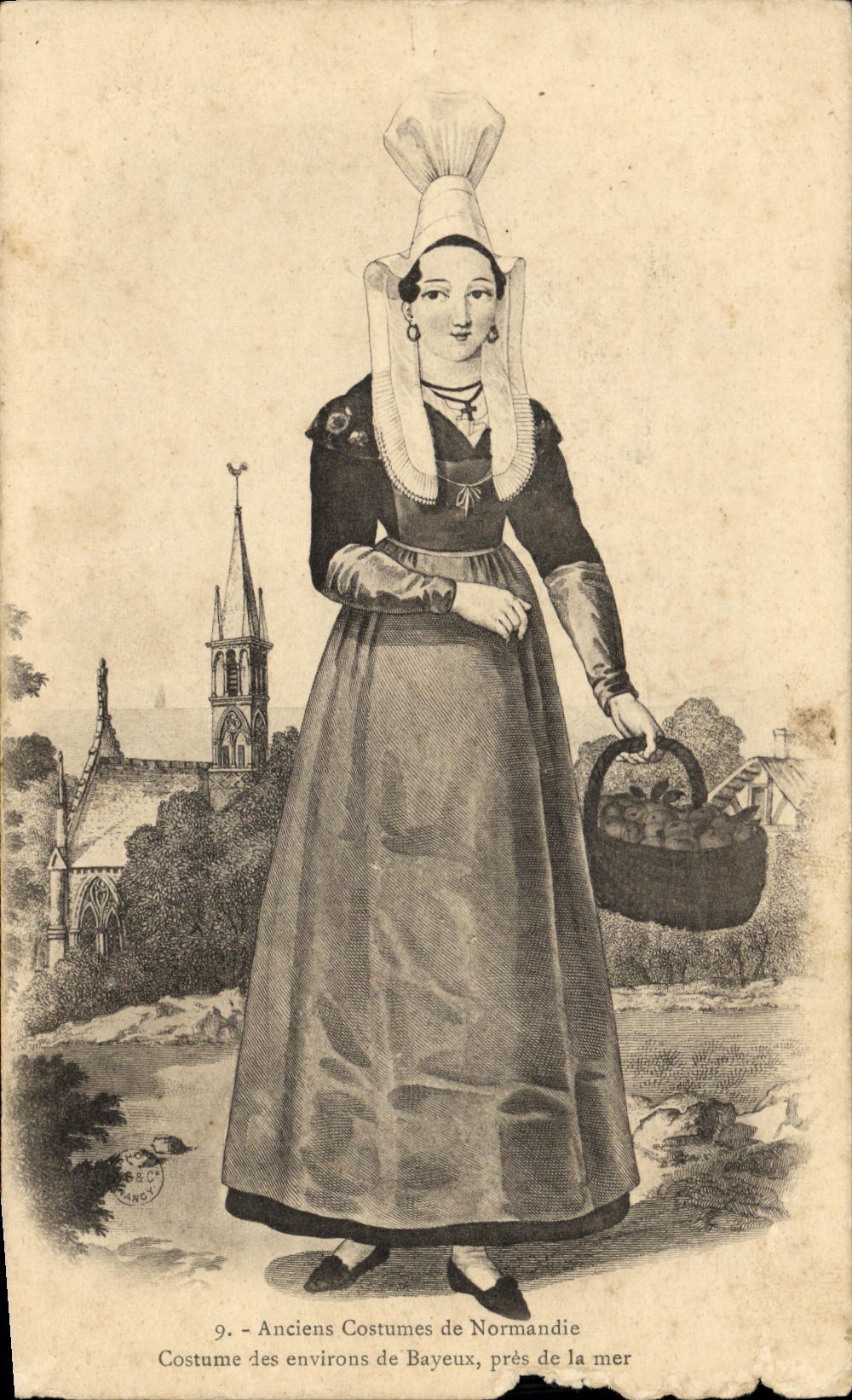 Trajes de Bayeux Anciens de la POSTAL de la VENDIMIA de los casquillos del traje del folklore de Normandia