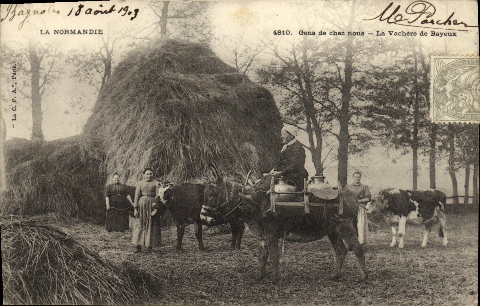 Gente de Bayeux Normandia de la POSTAL de la VENDIMIA en de nuestra TAPA del folklore de Vachere de las premisas