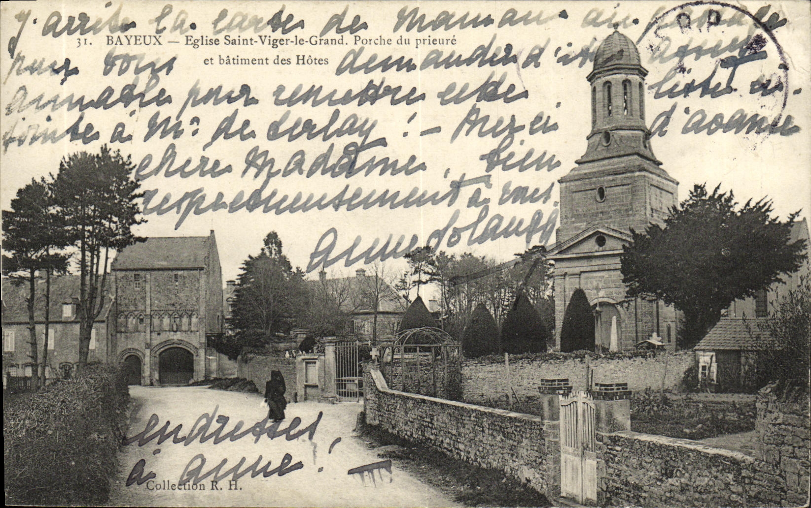 Iglesia Viger de Bayeux de la POSTAL de la VENDIMIA Saint el portico grande de los prioress y del edificio de los anfitriones