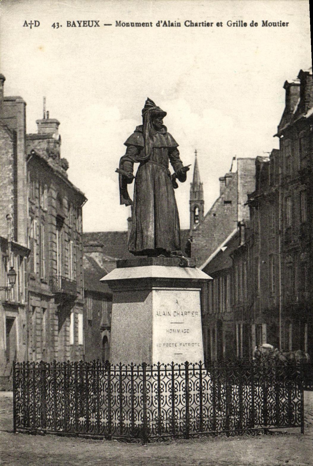 Monumento D Alain Chartier y parrilla de Bayeux de la POSTAL de la VENDIMIA de Moutier