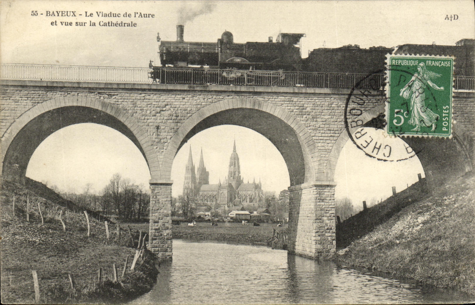 POSTAL Bayeux de la VENDIMIA el viaducto de L Aure y del Vue en el tren de la catedral