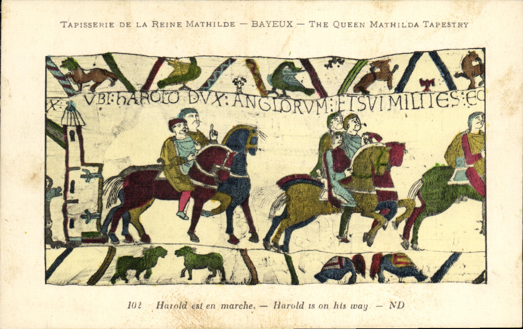 La POSTAL Bayeux Tapisserie de la VENDIMIA de la reina Matilde Harold se esta moviendo