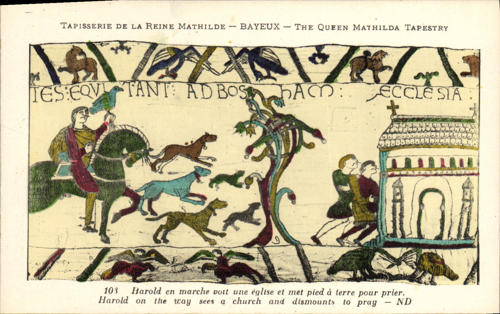 La POSTAL Bayeux Tapisserie de la VENDIMIA de la mudanza de la reina Matilde Harold ve una iglesia