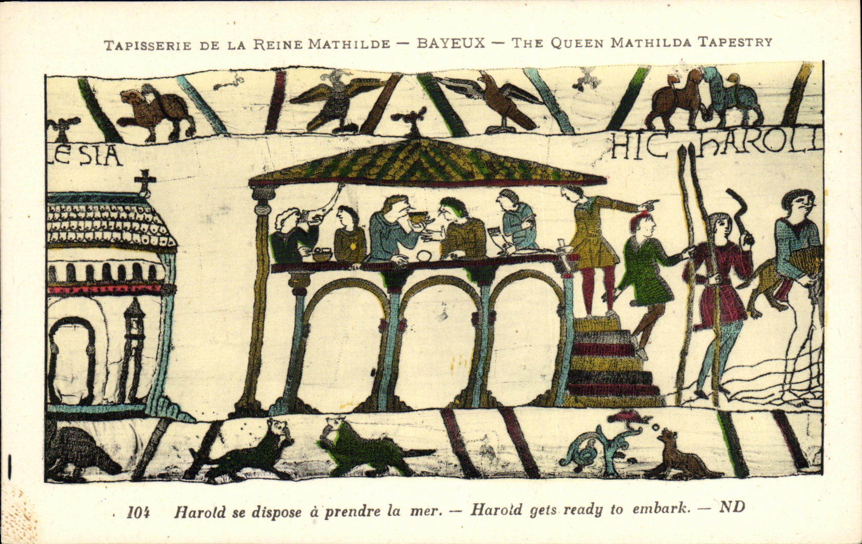 La POSTAL Bayeux Tapisserie de la VENDIMIA de la reina Matilde que presentan a Harold tiene que tomar el mar