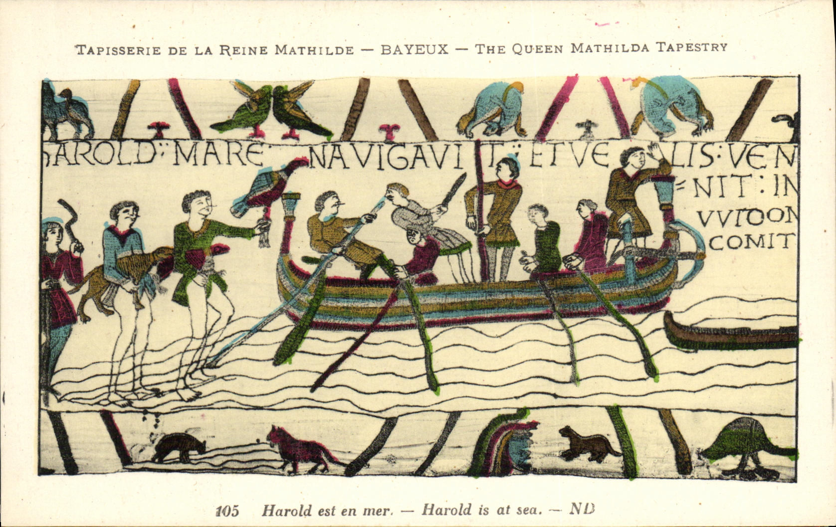 La POSTAL Bayeux Tapisserie de la VENDIMIA de la reina Matilde Harold esta en el mar