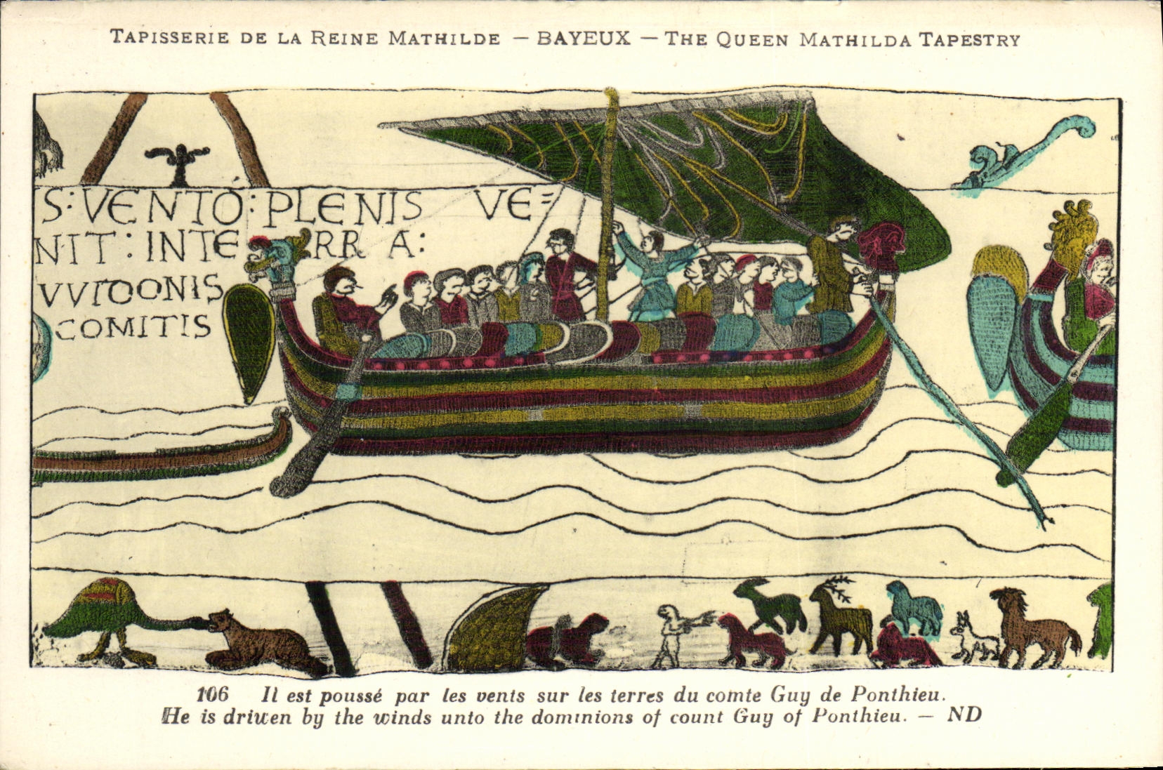 POSTAL Bayeux Tapisserie de la VENDIMIA de la reina Matilde es crecimiento al lado de los vientos del barco
