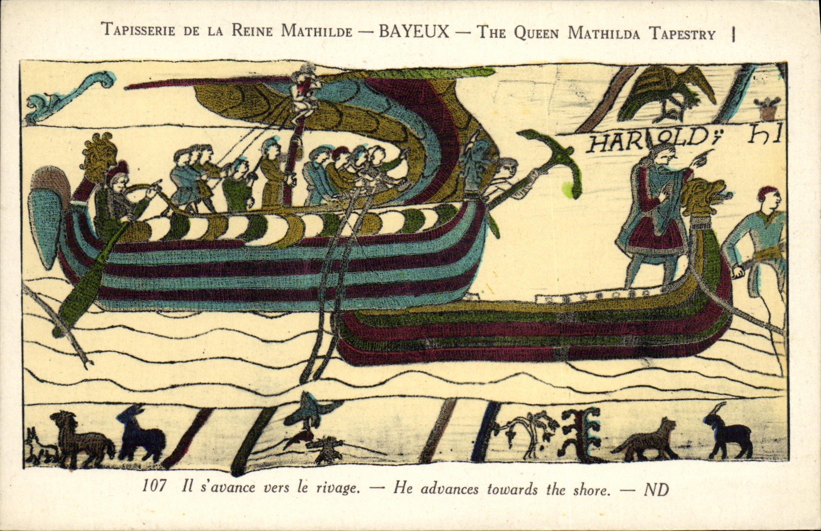 POSTAL Bayeux Tapisserie de la VENDIMIA de la reina Matilde que S avanza hacia la orilla