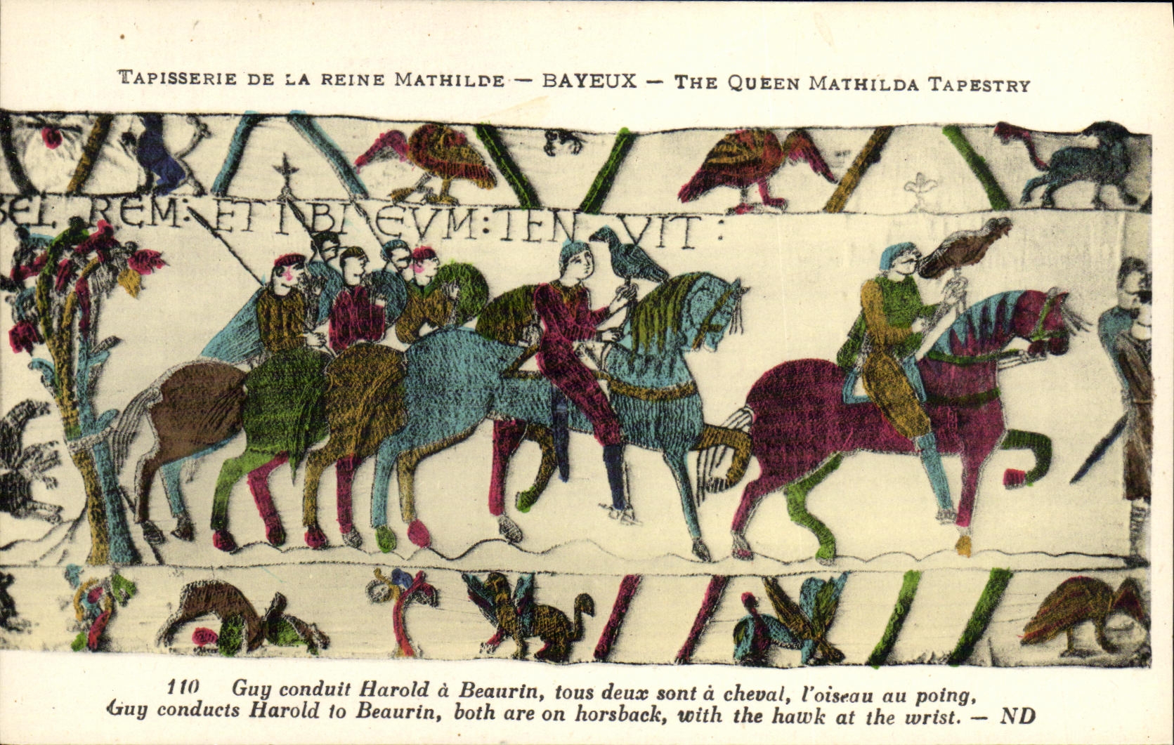 La POSTAL Bayeux Tapisserie de la VENDIMIA de los plomos Harold del individuo de la reina Matilde tiene Beaurin Faucon