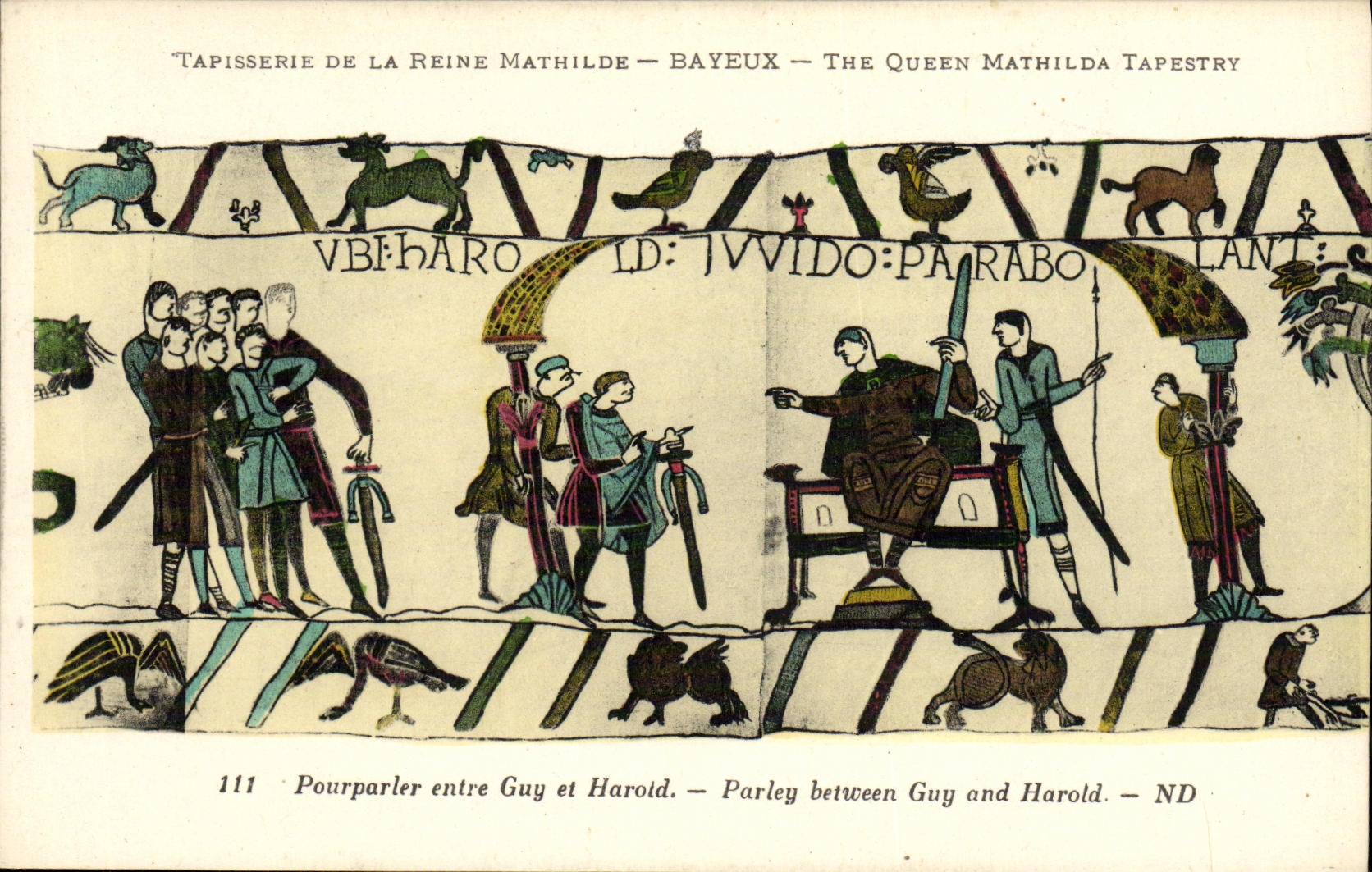 La tapiceria de Bayeux de la POSTAL de la VENDIMIA de la reina Matilde habla entre el individuo y Harold