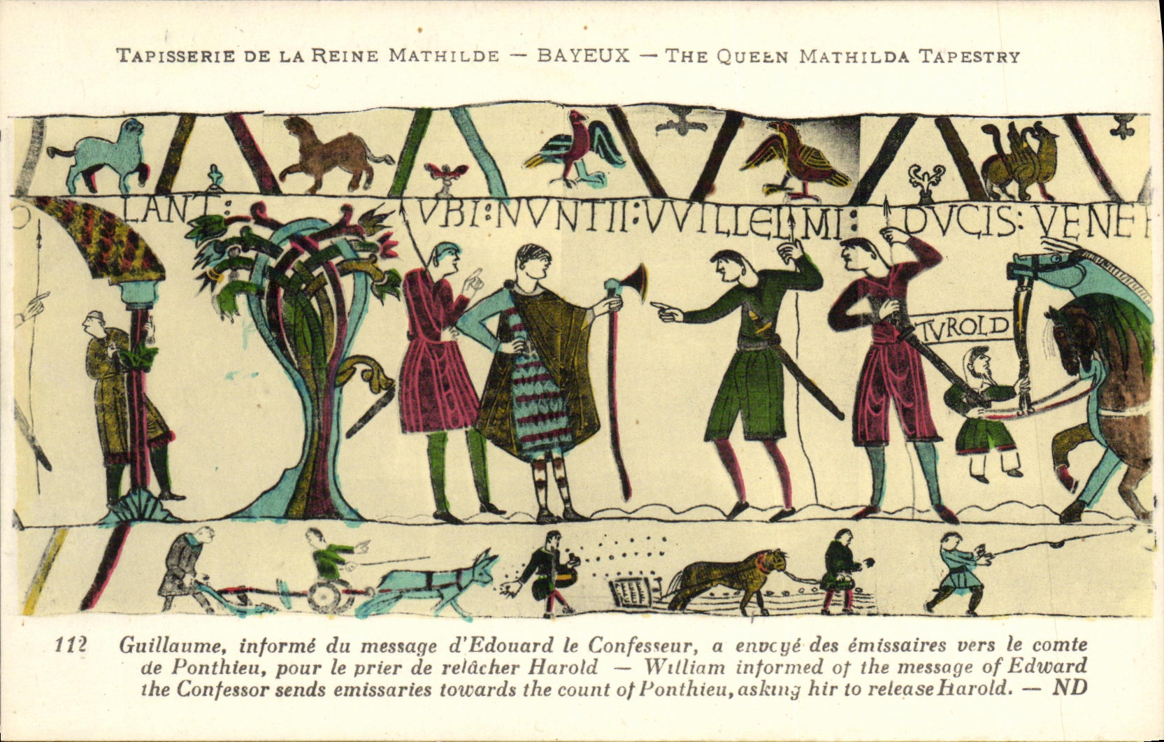 La POSTAL Bayeux Tapisserie de la VENDIMIA de la reina Matilde Guillermo informa el mensaje D Eduardo al confesor