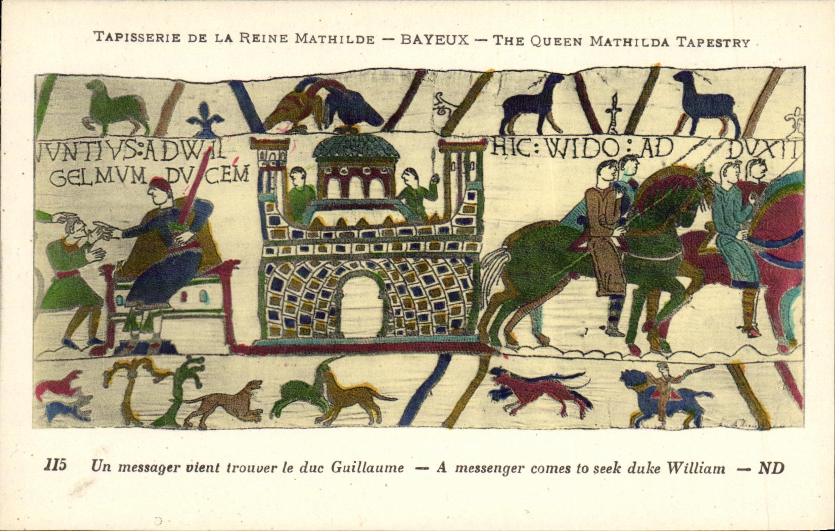 La POSTAL Bayeux Tapisserie de la VENDIMIA de la reina de Matilde un mensajero viene encontrar al duque Guillermo