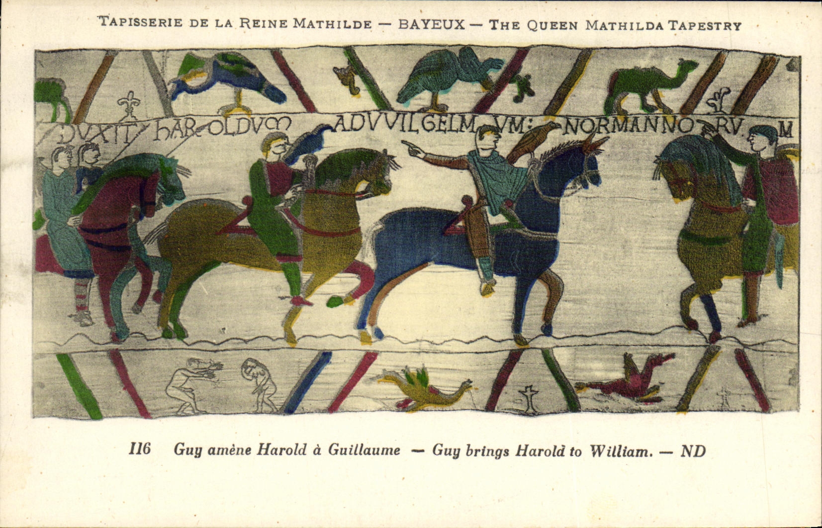 La POSTAL Bayeux Tapisserie de la VENDIMIA de la reina Matilde que el individuo trae a Harold tiene Guillermo