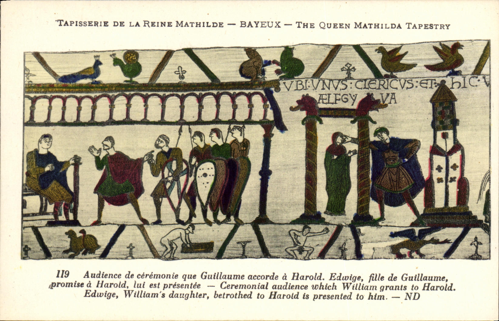 La POSTAL Bayeux Tapisserie de la VENDIMIA de la ceremonia de la audiencia de la reina Matilde que Guillermo concede tiene Harold