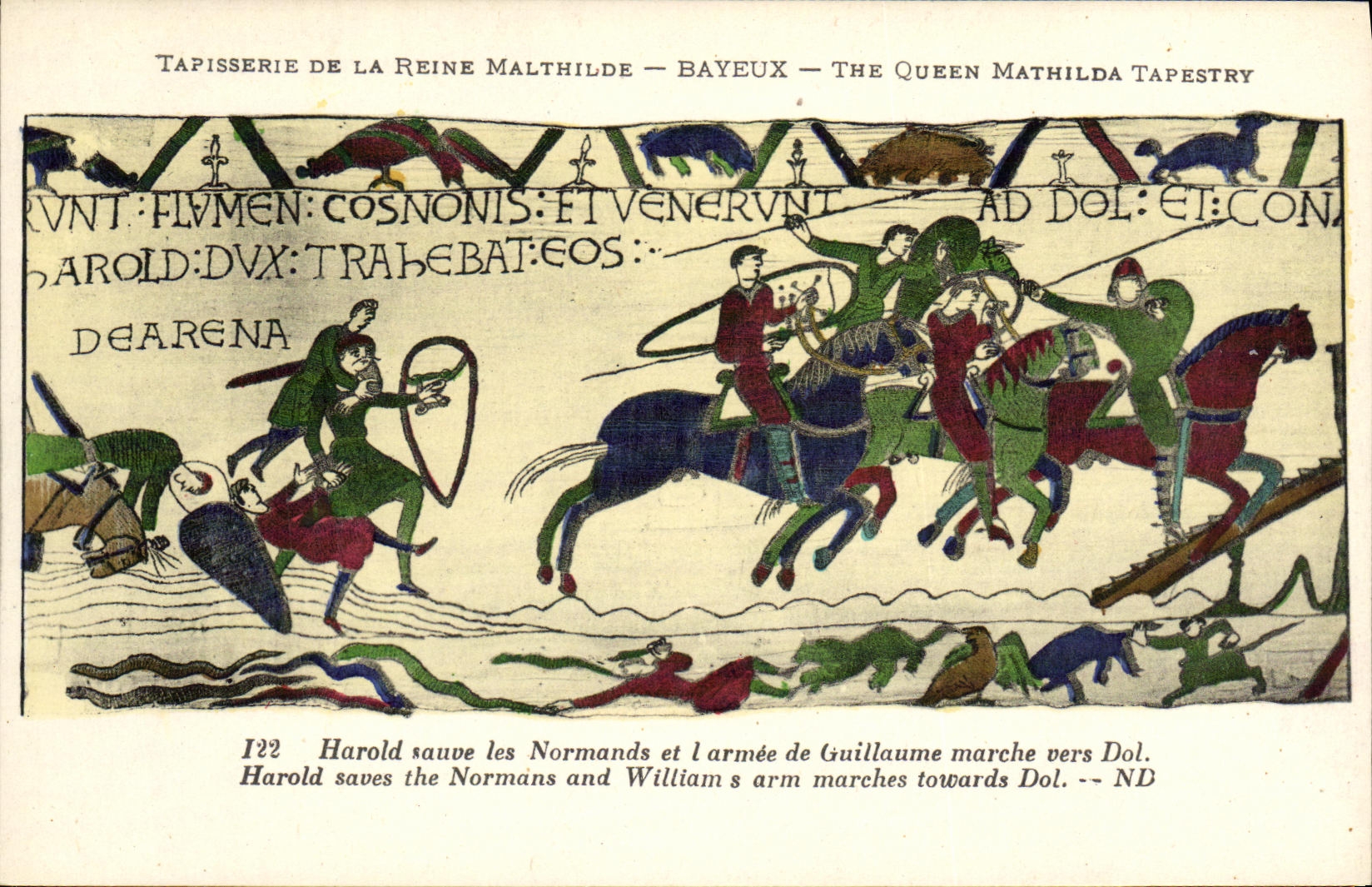 La POSTAL Bayeux Tapisserie de la VENDIMIA de la reina Matilde Harold ahorra los que esta y el L normandos armados con Guillermo