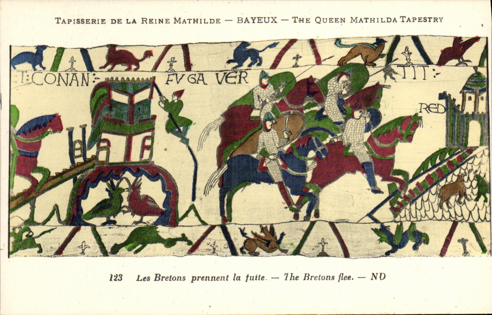 La POSTAL Bayeux Tapisserie de la VENDIMIA de la reina de Matilde las bretonas se escapa
