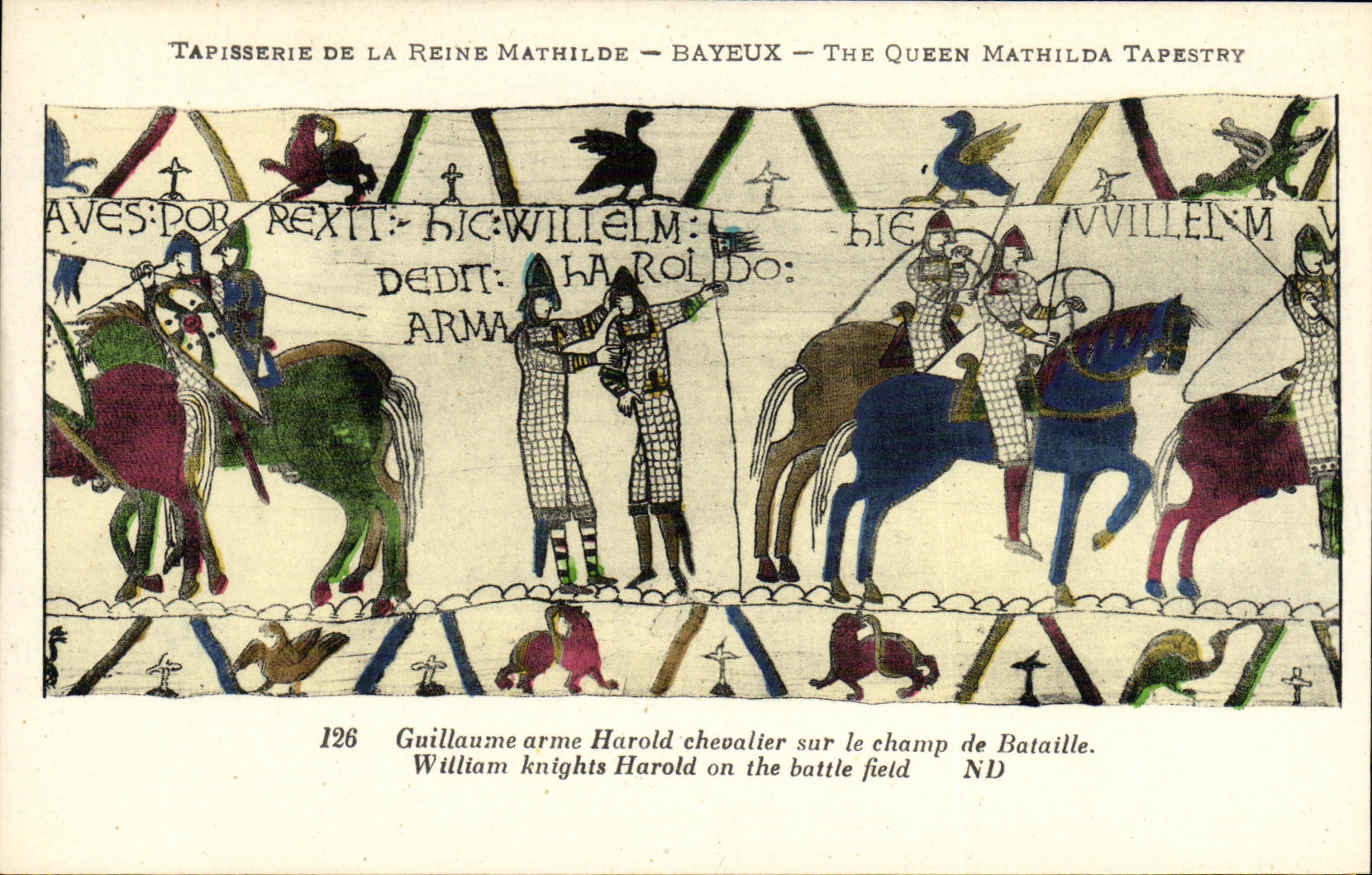 La POSTAL Bayeux Tapisserie de la VENDIMIA de la reina Matilde Guillermo arma a caballero de Harold en el campo de batalla