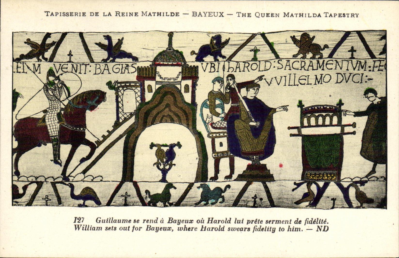 La POSTAL Bayeux Tapisserie de la VENDIMIA de la reina Matilde que va Guillermo tiene Bayeux