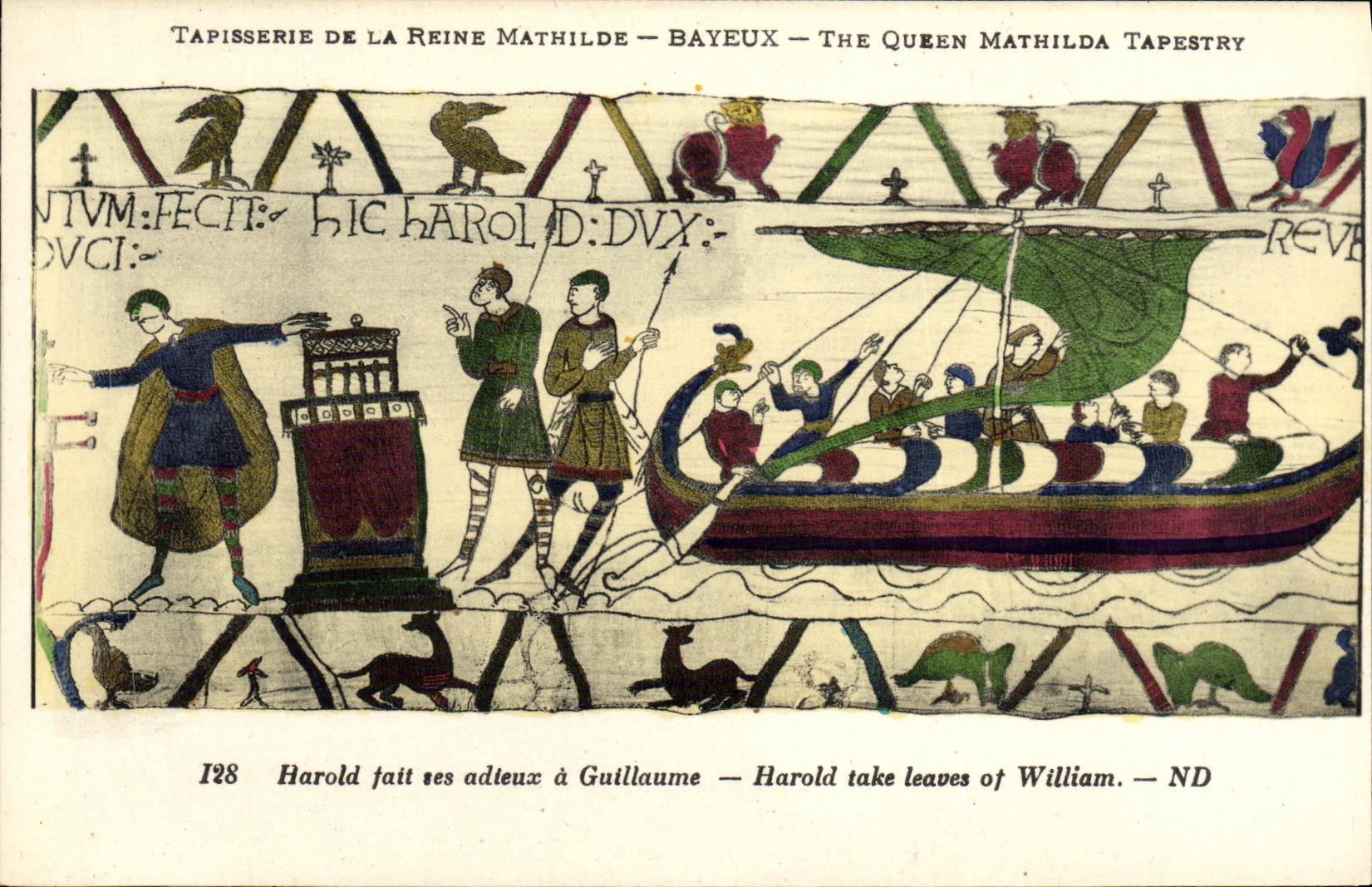 La POSTAL Bayeux Tapisserie de la VENDIMIA de la reina Matilde que Harold hace una oferta su adios tiene Guillermo