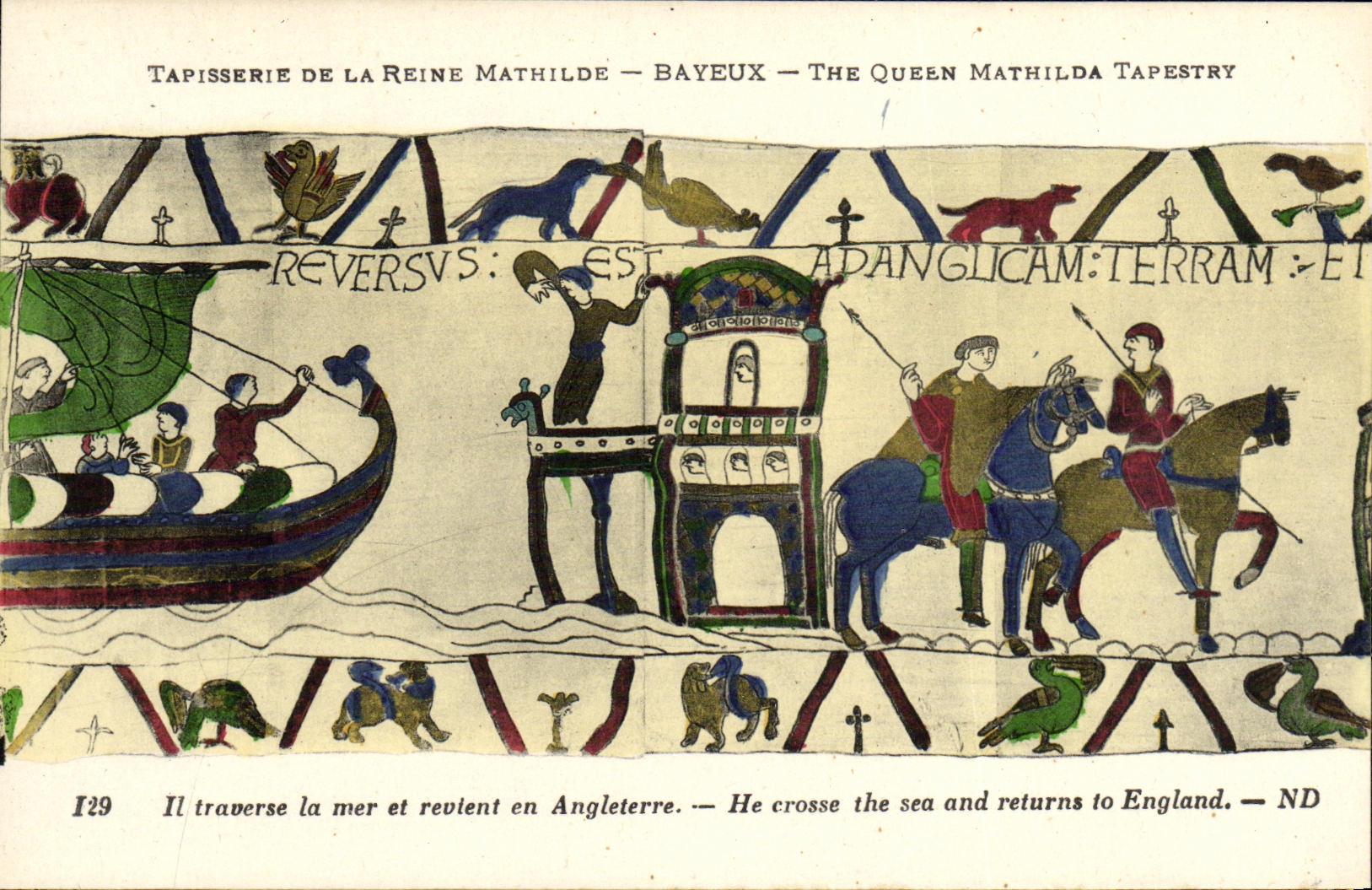 POSTAL Bayeux Tapisserie de la VENDIMIA de la reina Matilde cruza el mar y vuelve a Inglaterra