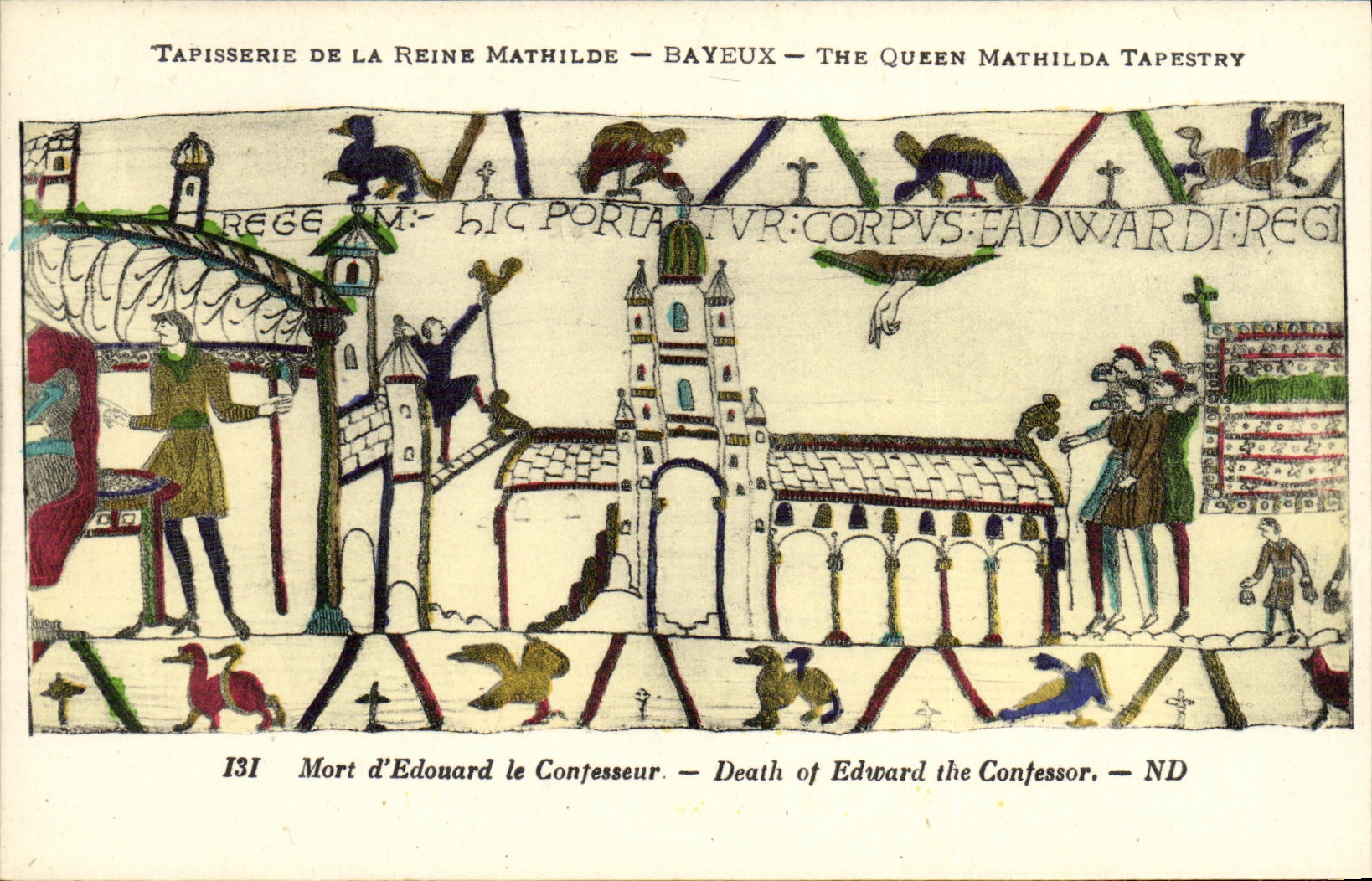 Tapiceria de Bayeux de la POSTAL de la VENDIMIA de muertos la reina D Eduardo de Matilde el confesor