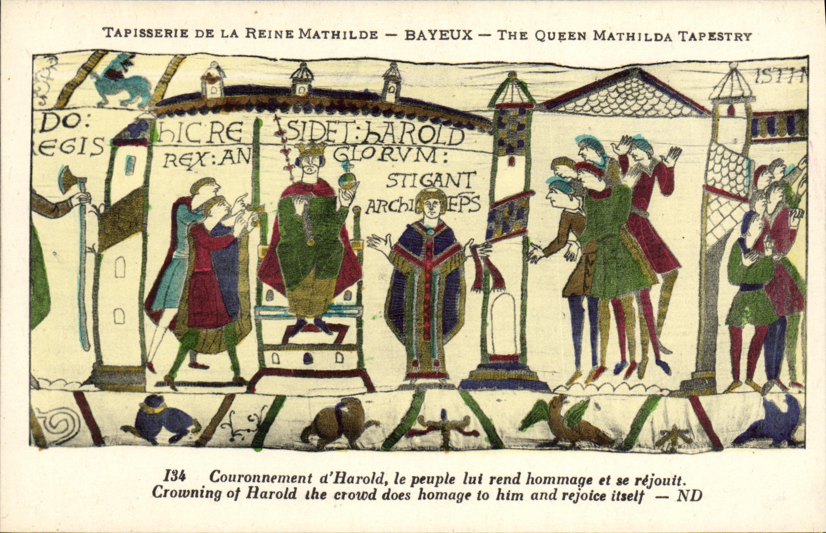 Tapiceria de Bayeux de la POSTAL de la VENDIMIA de unos de los reyes magos de la reina de Matilde del tiempo