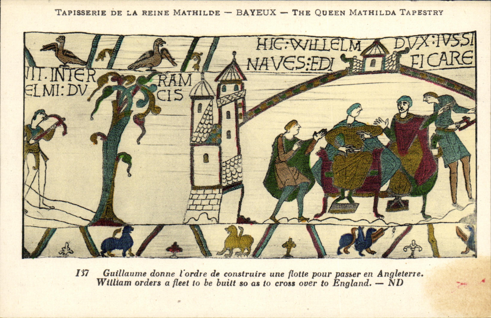 La POSTAL Bayeux Tapisserie de la VENDIMIA de la reina Matilde Guillermo da L orden para construir una flota para pasar a Inglaterra