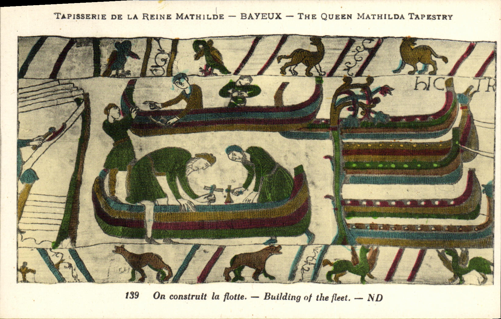 La POSTAL Bayeux Tapisserie de la VENDIMIA de la reina Matilde una construye la flota de los barcos