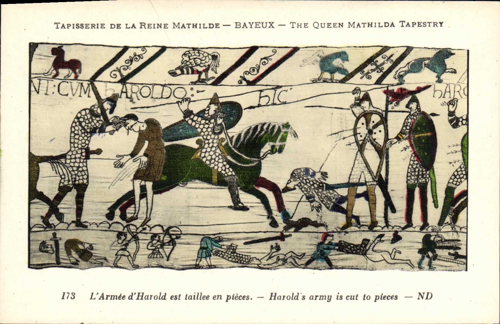 La POSTAL Bayeux Tapisserie de la VENDIMIA de la reina Matilde L D armada Harold es taillee en piezas