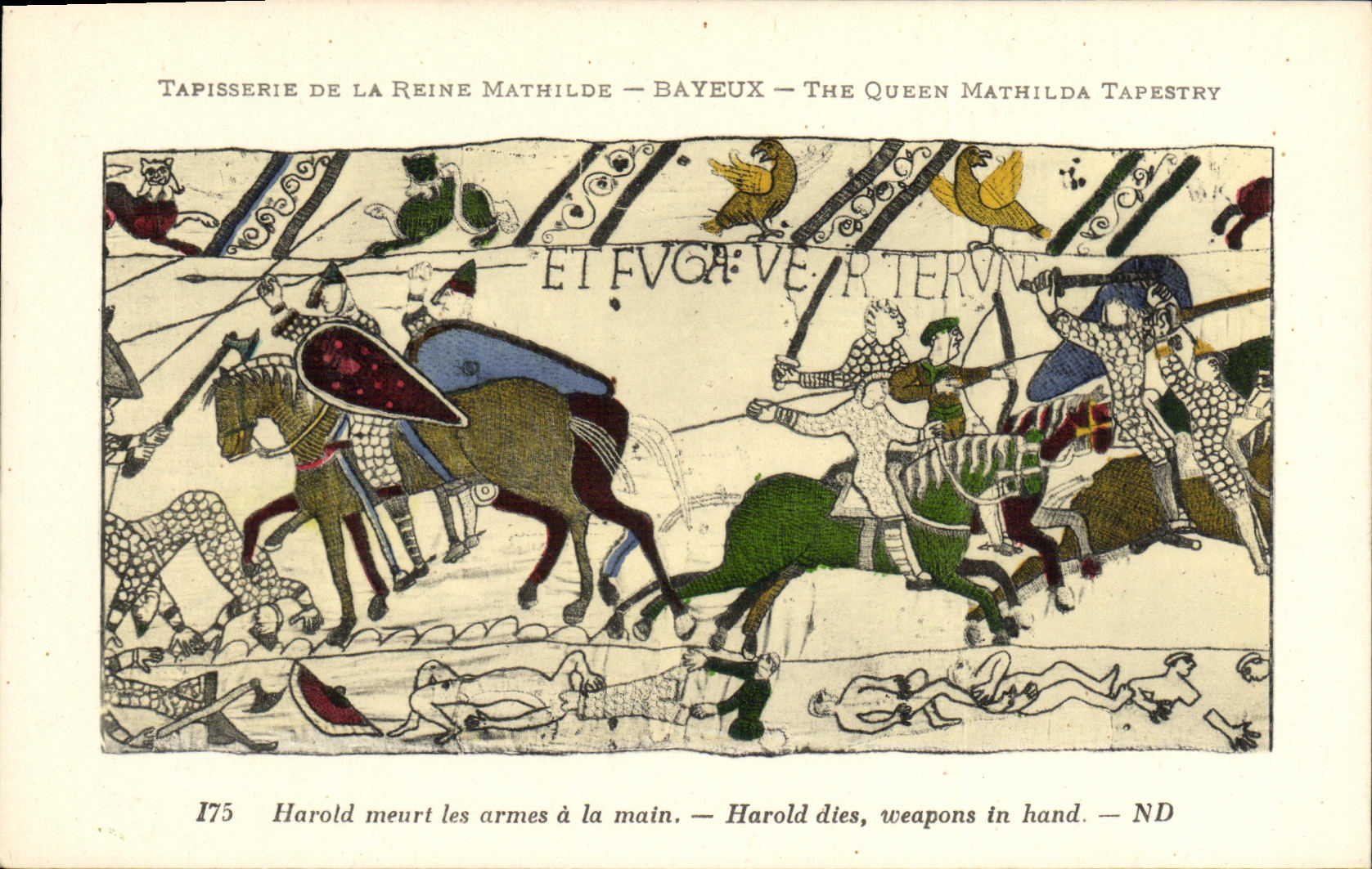 La POSTAL Bayeux Tapisserie de la VENDIMIA de la reina Matilde Harold muere las armas con la mano