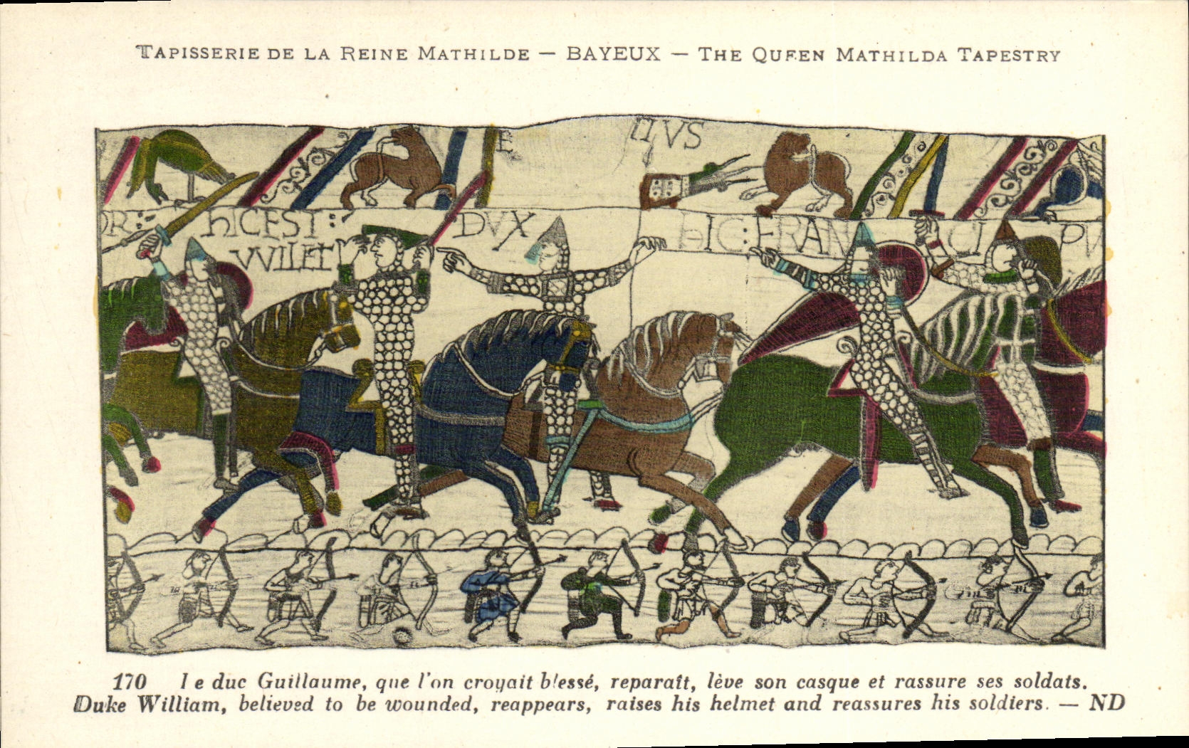 Tapiceria de Bayeux de la POSTAL de la VENDIMIA de la reina de Matilde el duque Guillermo