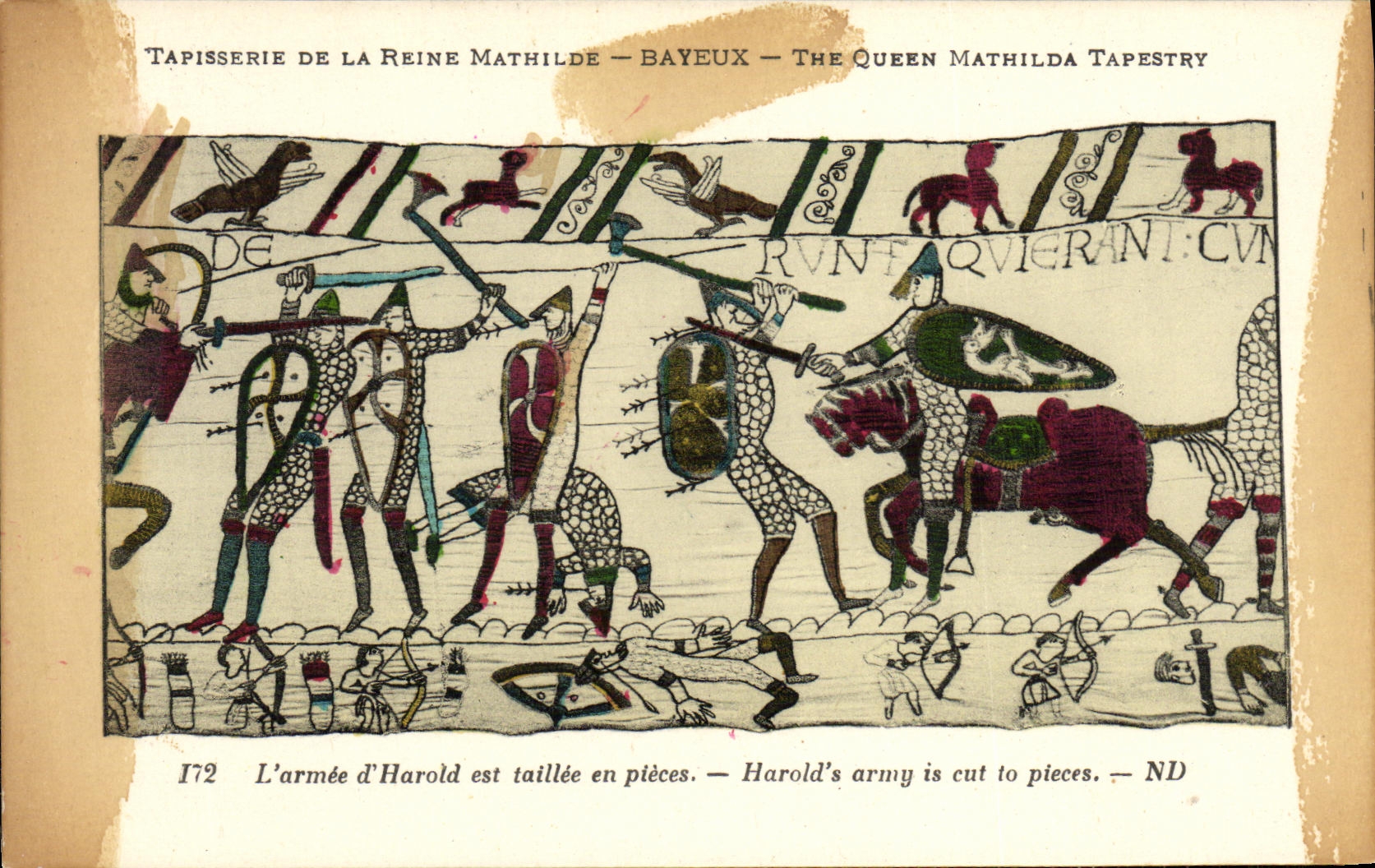 La POSTAL Bayeux Tapisserie de la VENDIMIA de la reina Matilde L D armada Harold es tailele en piezas