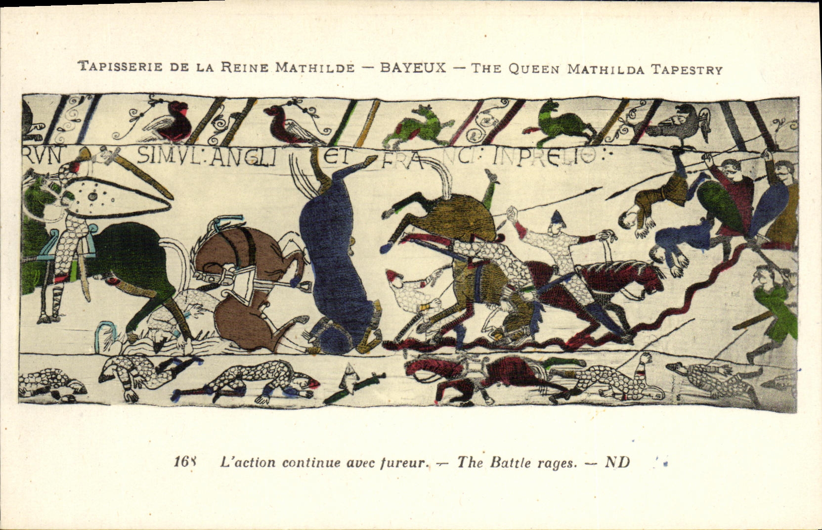 La POSTAL Bayeux Tapisserie de la VENDIMIA de la reina Matilde L accion continúa con furia