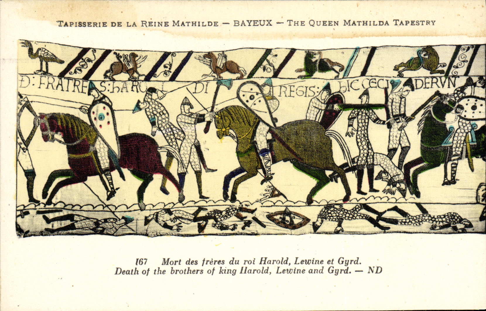 Tapiceria de Bayeux de la POSTAL de la VENDIMIA de muertos la reina de Matilde de los hermanos de rey Harold Lewine y Gyrd