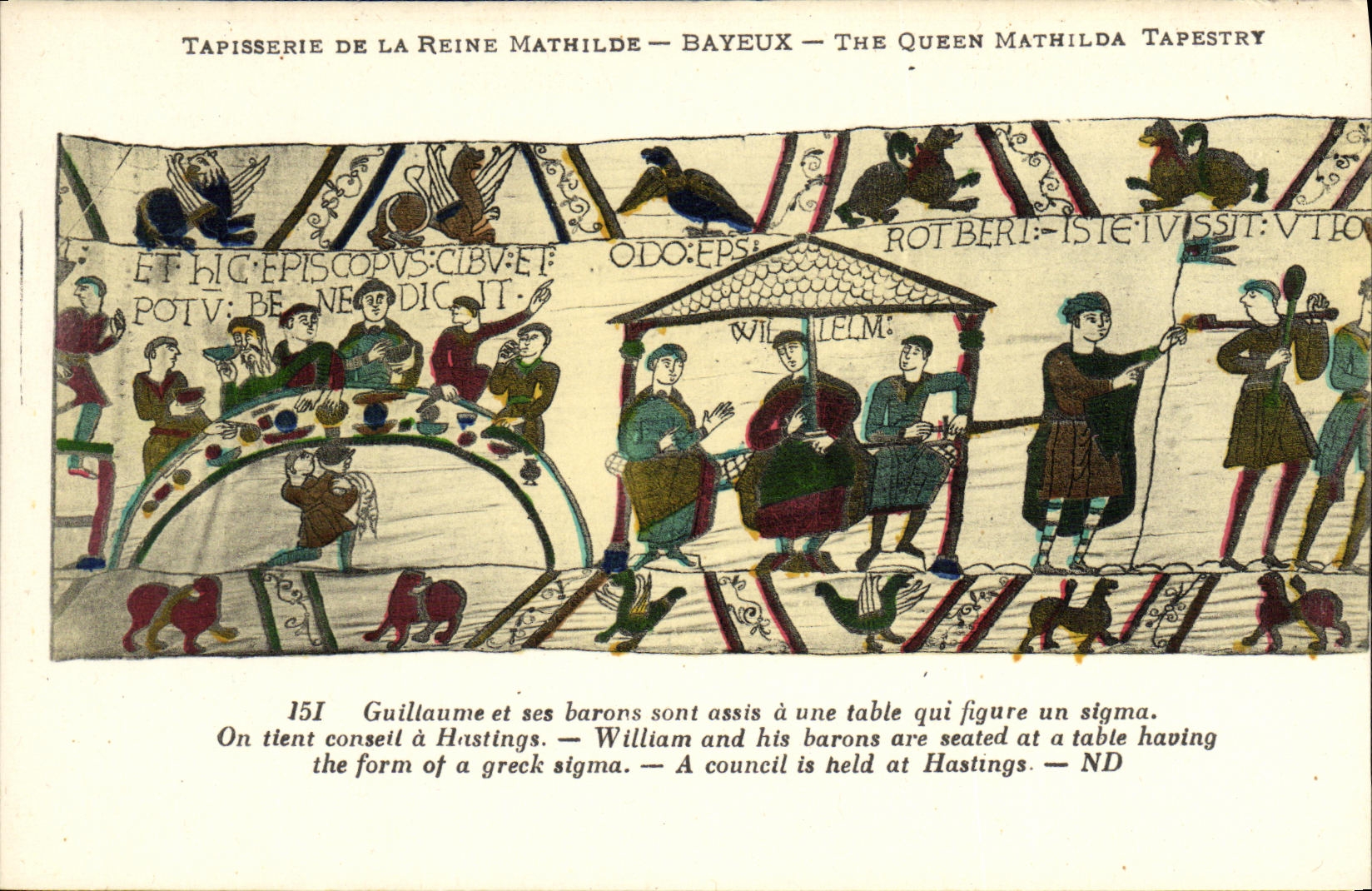 Tapiceria de Bayeux de la POSTAL de la VENDIMIA de la reina Matilde Guillermo y sus barones