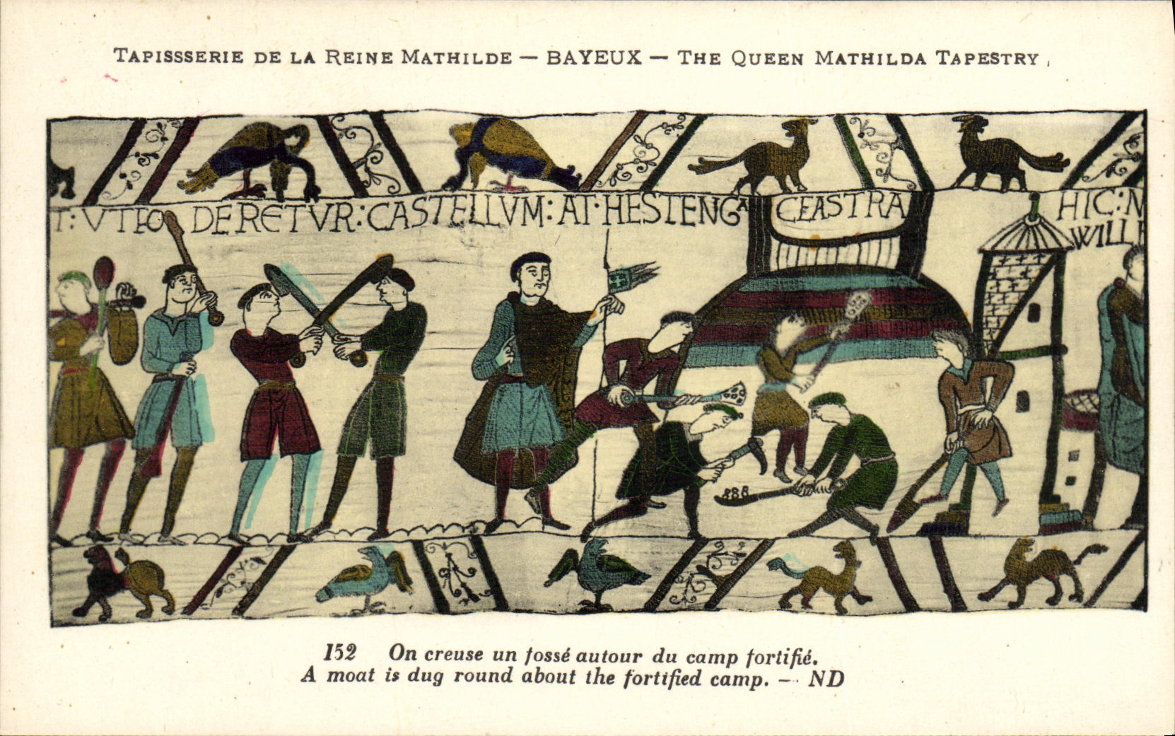 La POSTAL Bayeux Tapisserie de la VENDIMIA de la reina Matilde una cava un hoyo alrededor del campo consolida