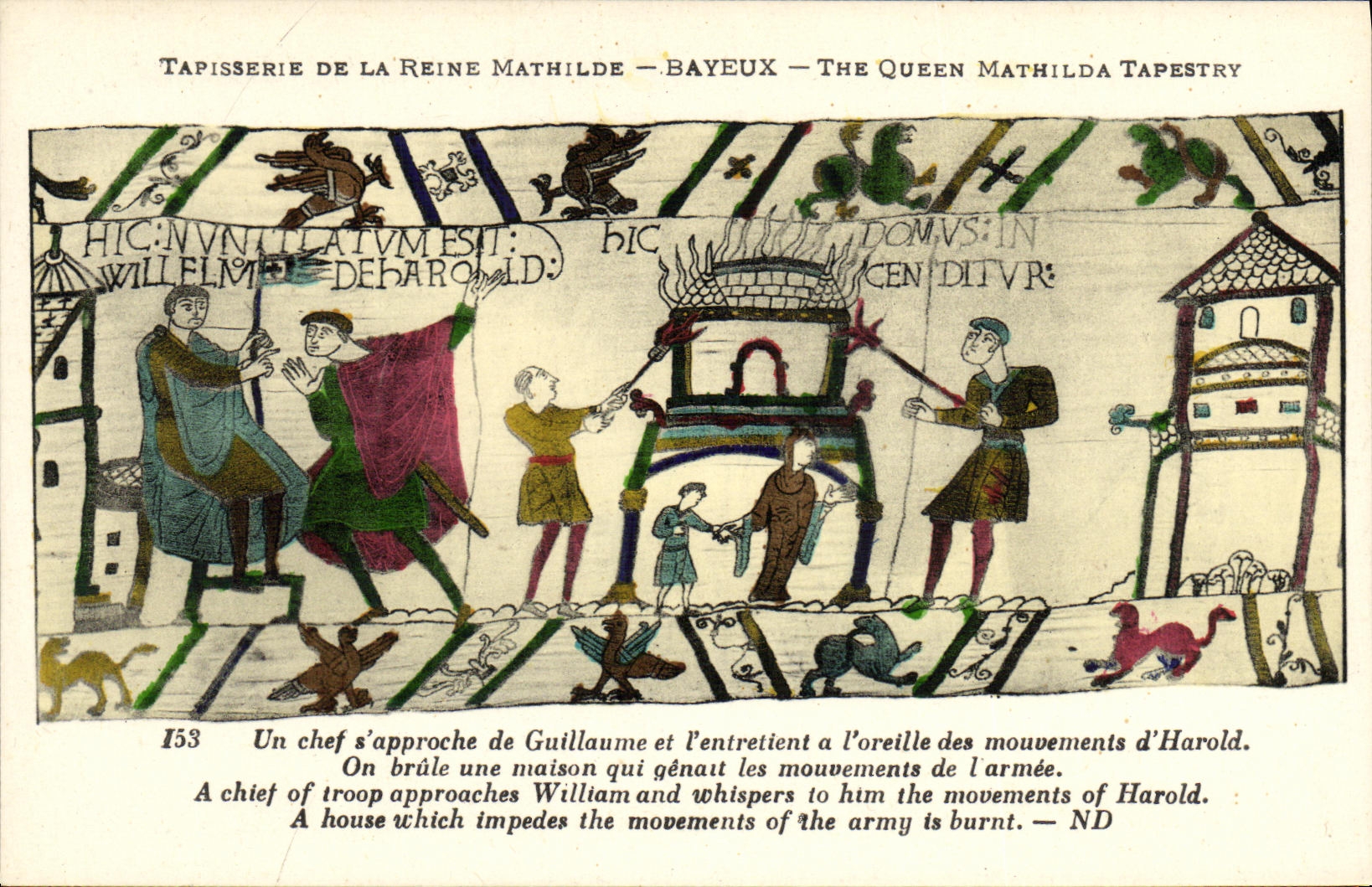 La POSTAL Bayeux Tapisserie de la VENDIMIA de la reina de Matilde un jefe S se acerca a Guillermo