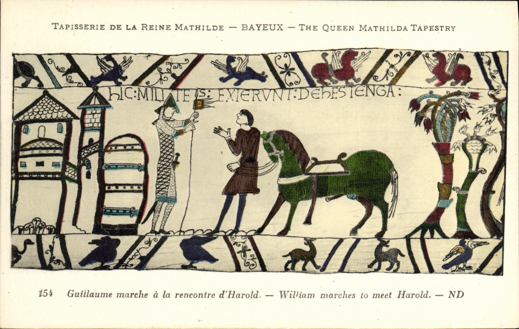 La POSTAL Bayeux Tapisserie de la VENDIMIA de la reina Matilde Guillermo va a la reunion D Harold
