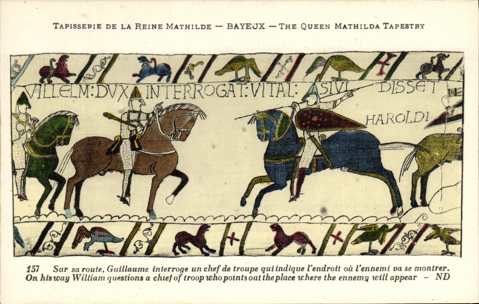 La POSTAL Bayeux Tapisserie de la VENDIMIA de la reina Matilde Guillermo pregunta a jefe de la tropa