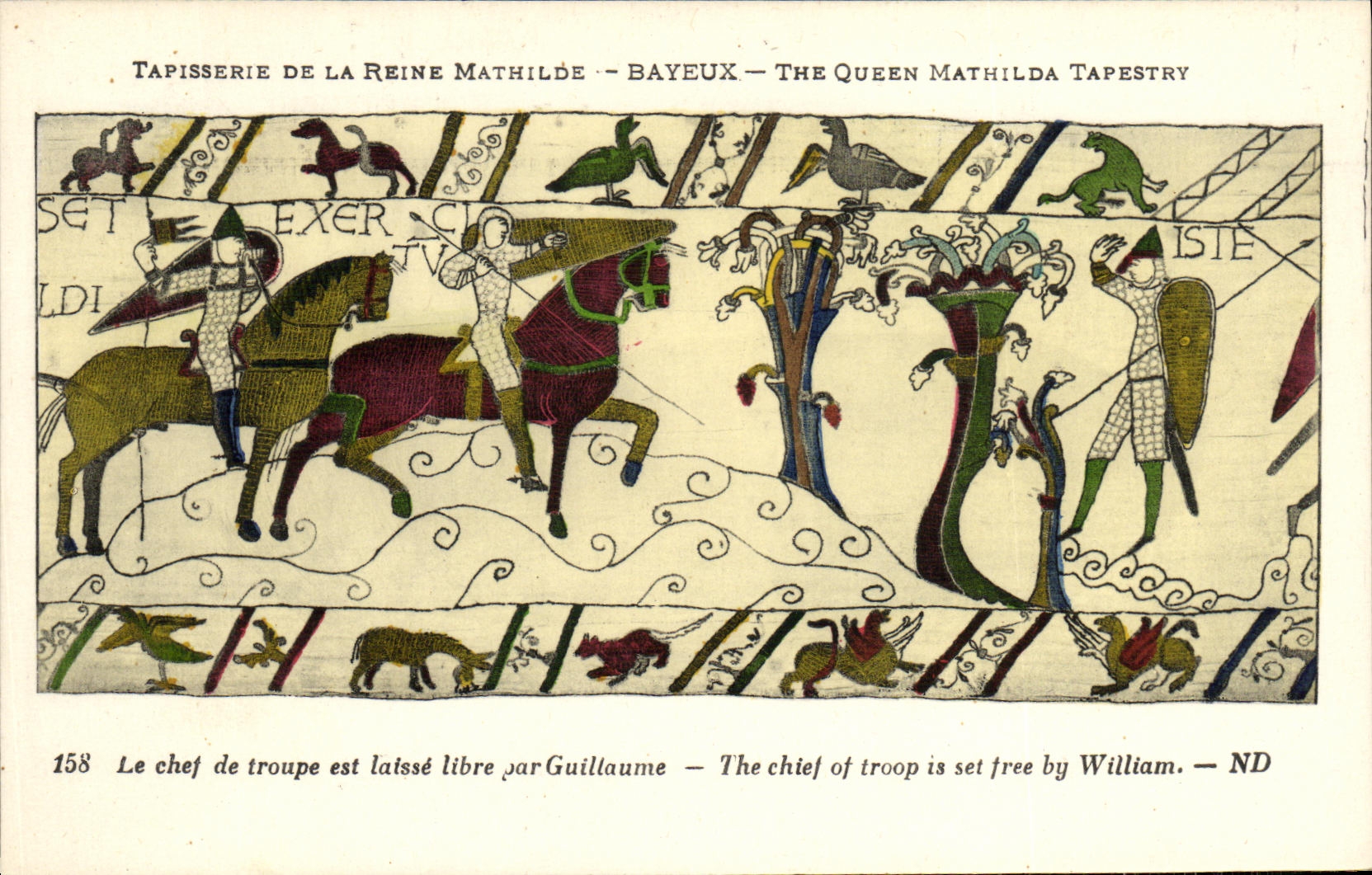 POSTAL Bayeux Tapisserie de la VENDIMIA de la reina de Matilde que el jefe de las hojas del este de la tropa libera por Guillermo