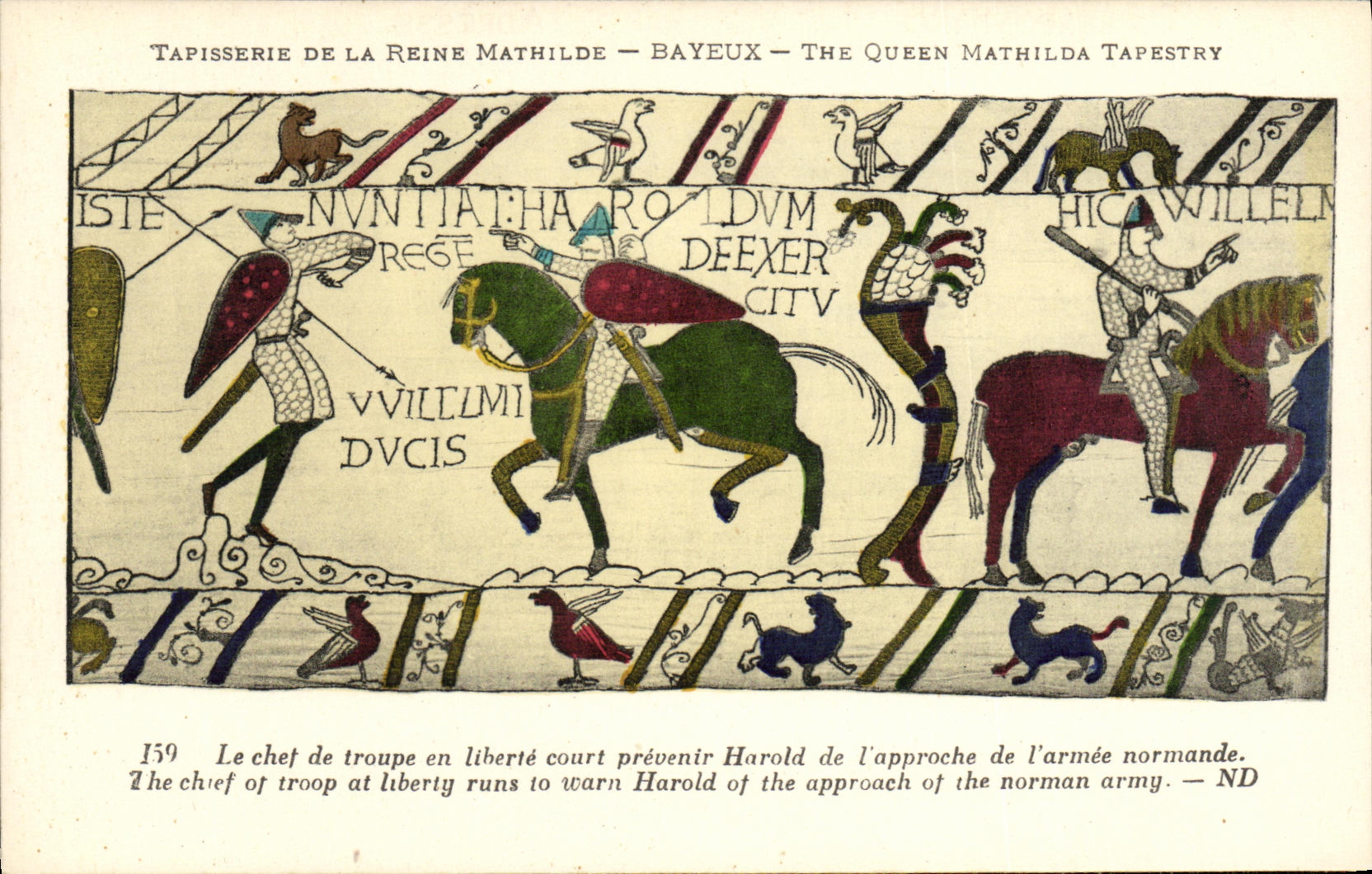 POSTAL Bayeux Tapisserie de la VENDIMIA de la reina de Matilde que el jefe de la tropa en la libertad funciona para advertir a Harold