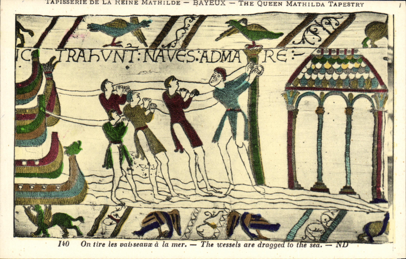 La POSTAL Bayeux Tapisserie de la VENDIMIA de la reina Matilde una dibuja los recipientes con el mar