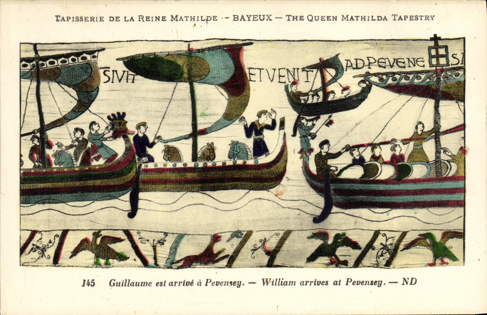 La POSTAL Bayeux Tapisserie de la VENDIMIA de la reina Matilde Guillermo que llega el este tiene Pevensey