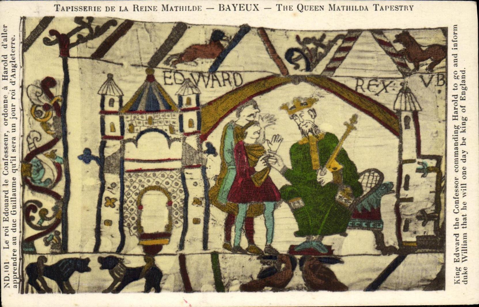 Tapiceria de Bayeux de la POSTAL de la VENDIMIA del rey Eduardo de la reina de Matilde el confesor