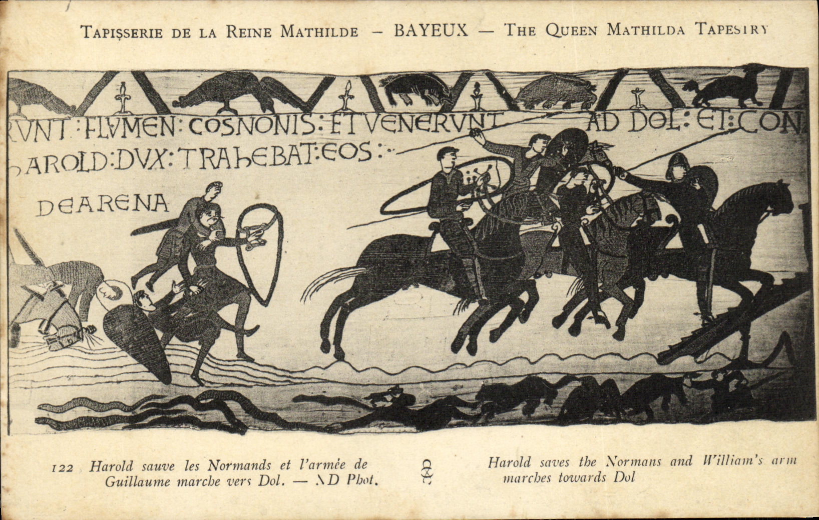 La POSTAL Bayeux Tapisserie de la VENDIMIA de la reina Matilde Harold ahorra los normandos