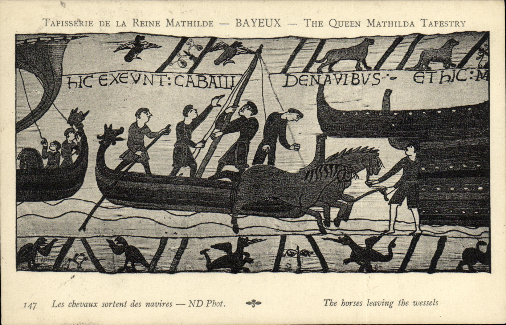 La POSTAL Bayeux Tapisserie de la VENDIMIA de la reina de Matilde los caballos sale de las naves