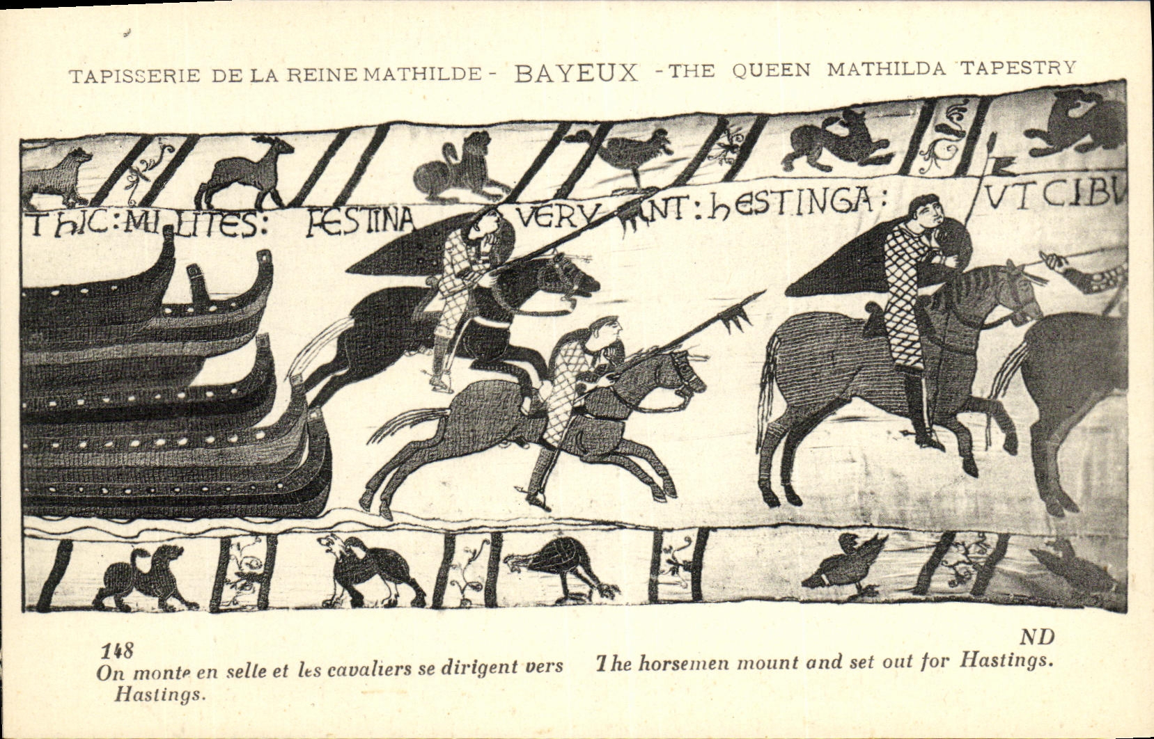 La POSTAL Bayeux Tapisserie de la VENDIMIA de la reina Matilde una entra para arriba en silla de montar y los jinetes se mueven hacia Hastings