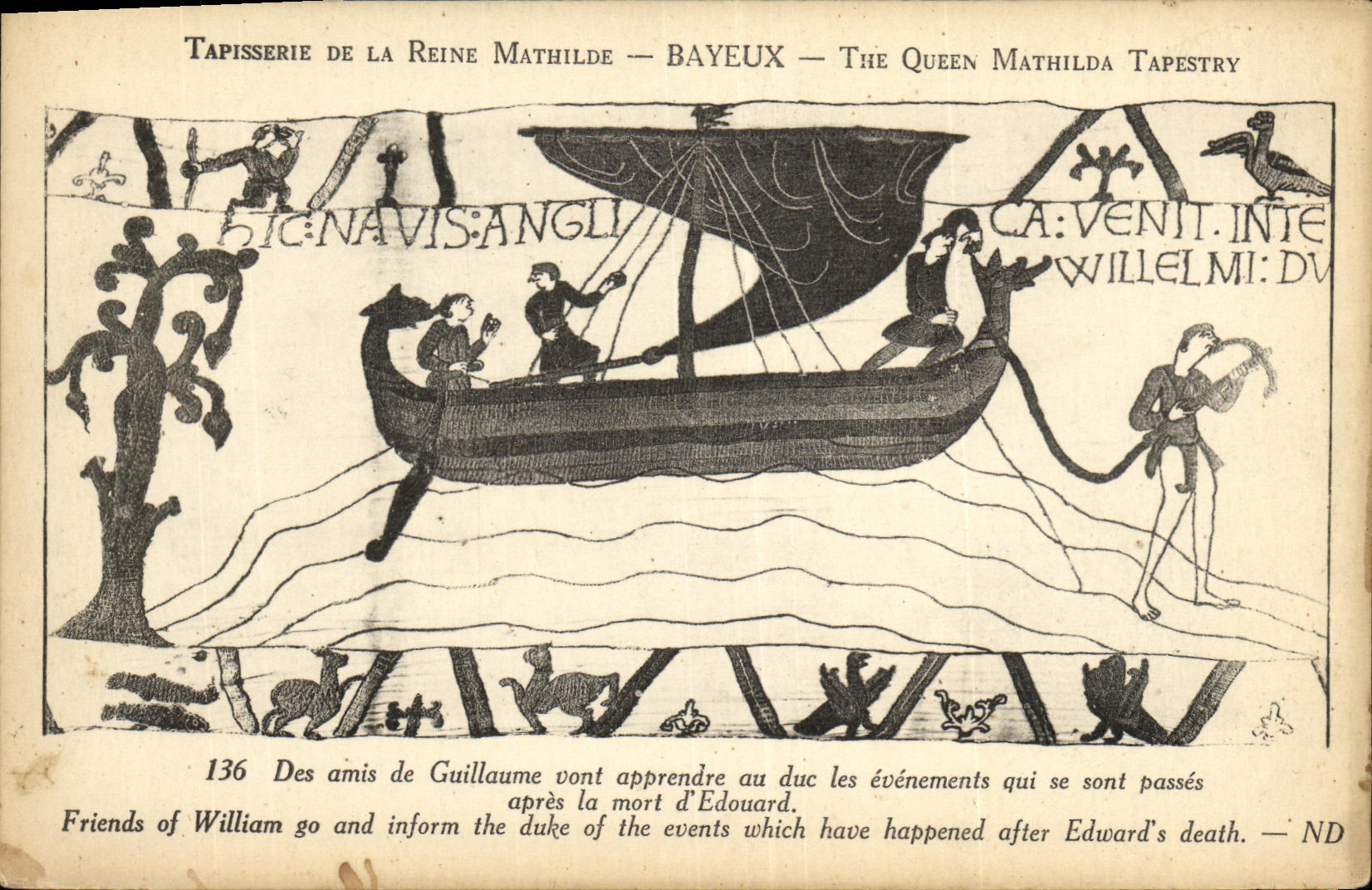La POSTAL Bayeux Tapisserie de la VENDIMIA de la reina de Matilde de los amigos de Guillermo aprendera al duque los acontecimientos
